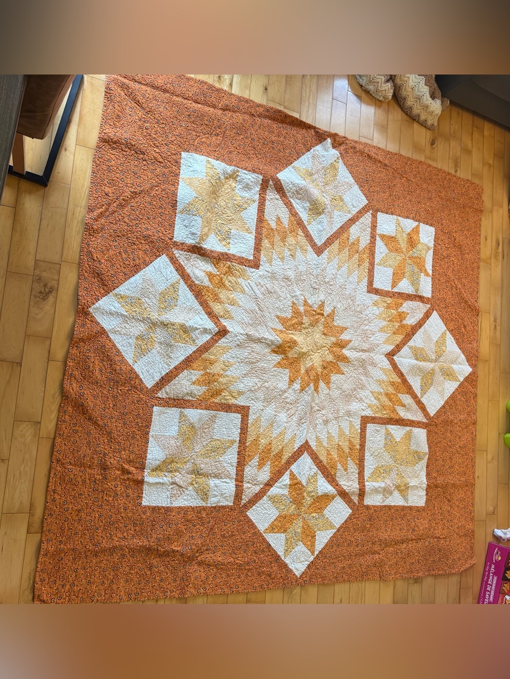 Vintage quilt Orange Starburst Quilt - Home Bedding